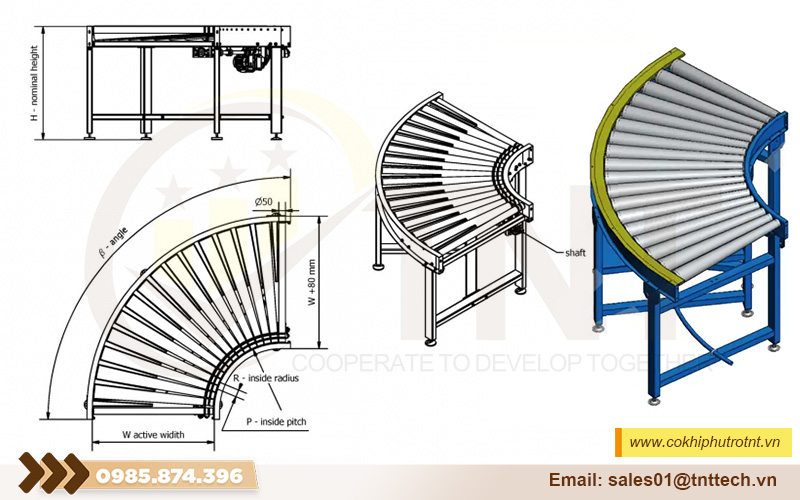 Cấu tạo của băng tải con lăn cong