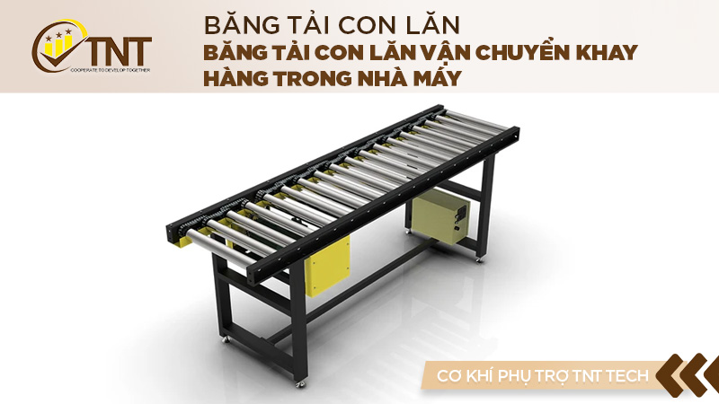 Băng tải con lăn vận chuyển khay hàng trong nhà máy